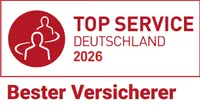 Ein rotes Logo mit der Aufschrift "Top Service Deutschland 2025" und darunter "Bester Versicherer". Zwei stilisierte Personen sind links im Kreis dargestellt.