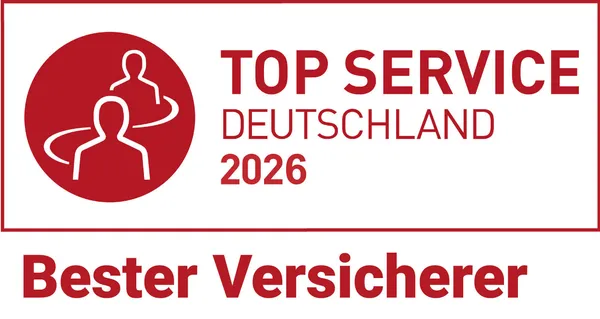 Ein rotes Logo mit der Aufschrift "Top Service Deutschland 2025" und darunter "Bester Versicherer". Zwei stilisierte Personen sind links im Kreis dargestellt.