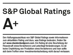 Eine Bewertung von S&amp;P Global Ratings mit der Note A+. Es erklärt, dass Ratings wie diese von Standard and Poor's die Finanzkraft, etwa der Hannoversche Versicherung, beurteilen.