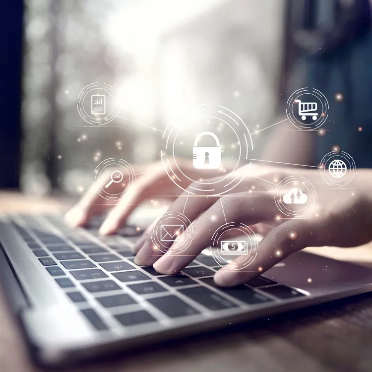 Auf dem Bild tippen Hände auf einer Laptop-Tastatur, während Symbole für Sicherheit und digitalen Nachlass eingeblendet sind. Der Blick konzentriert sich auf das wichtigste Symbol, ein Schloss, das für Datenschutz steht.