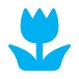 Ein blaues Frühling Icon, das eine stilisierte Tulpe darstellt. Die Blume hat fünf gezackte Blütenblätter und zwei geschwungene Blätter am Stiel.