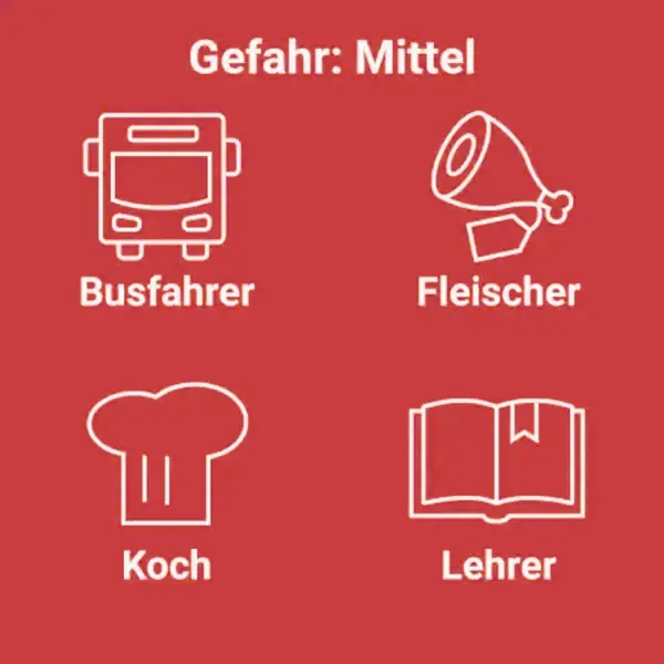 Vier Berufe: Busfahrer, Fleischer, Koch und Lehrer, deren Gefahr als mittel eingestuft wird. Diese Darstellung kann bei der Berufswahl helfen, worauf Sie achten sollten, wenn Sie Jobs suchen.