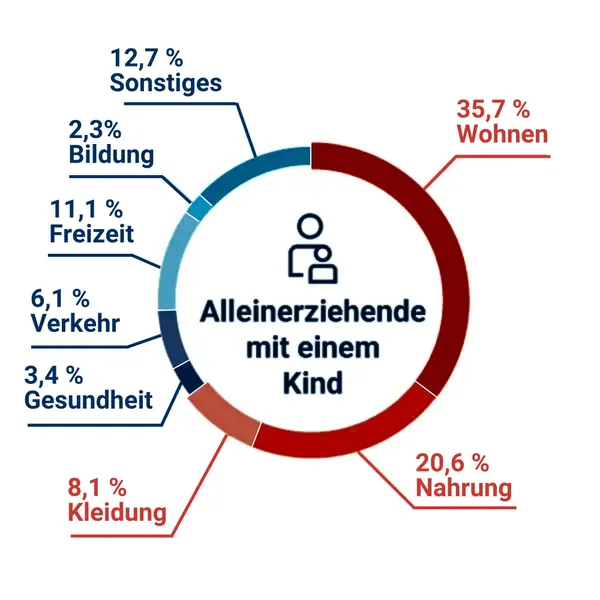 Das Diagramm illustriert die Ausgaben von Alleinerziehenden mit einem Kind, wobei Wohnen und Nahrung die größten Posten darstellen. Die große Freude am Nachwuchs kann jedoch zur Kostenfalle werden, insbesondere für Berufsunfähige und Verwitwete, die auf Versicherungen angewiesen sind.