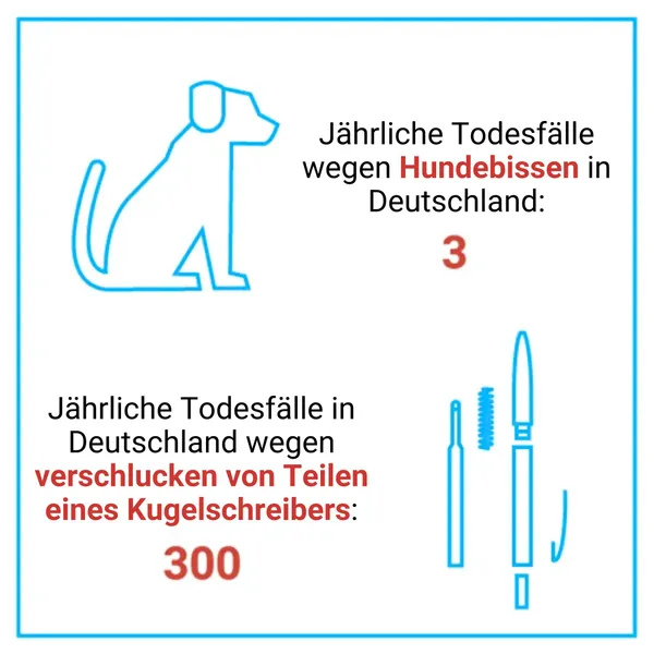 Eine Statistik mit jährlichen Todesfällen in Deutschland: drei durch Hundebissen und 300 durch Verschlucken von Teilen eines Kugelschreibers. Links ein Hund, rechts ein Kugelschreiber.