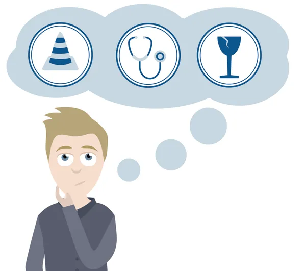 Ein nachdenklicher Mann steht im Vordergrund, während über ihm Symbole für sinnvolle Versicherungen schweben, die für Studierende relevant sind: ein Verkehrskegel, ein Stethoskop und ein zerbrochenes Glas.