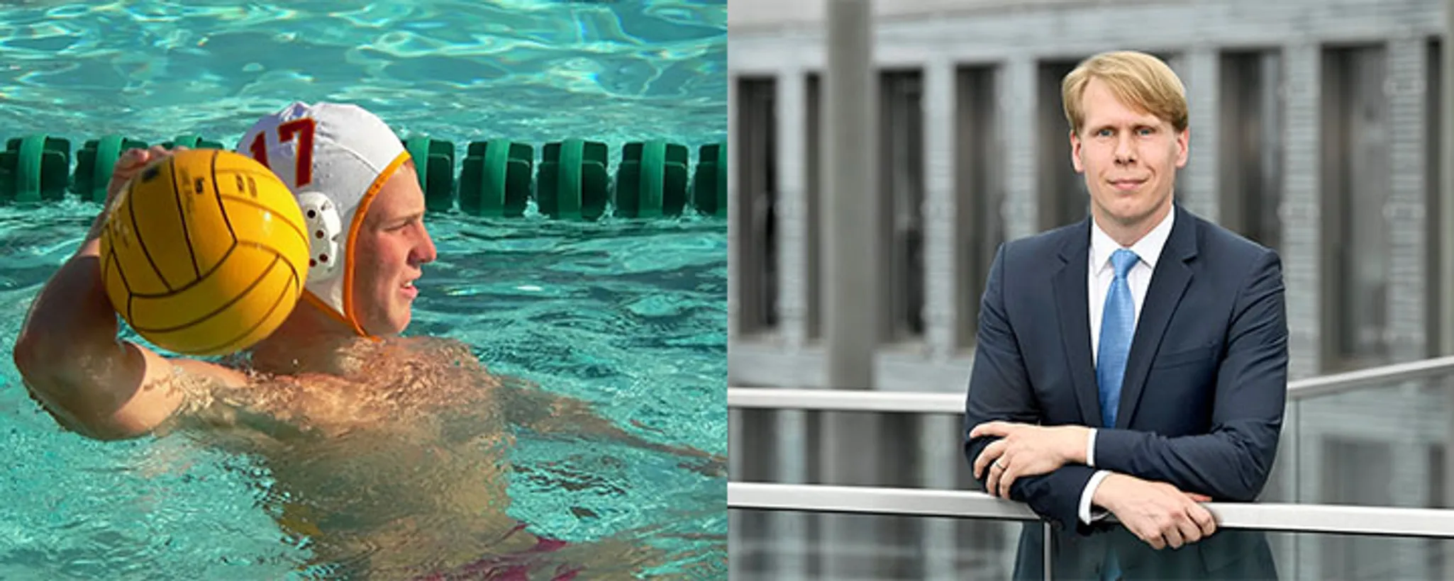 Links im Bild ist ein Wasserballspieler im Pool zu sehen, rechts steht Thomas Wüstefeld in einem Anzug an einer Brüstung. Beide Szenen könnten Teil eines Interviews sein.