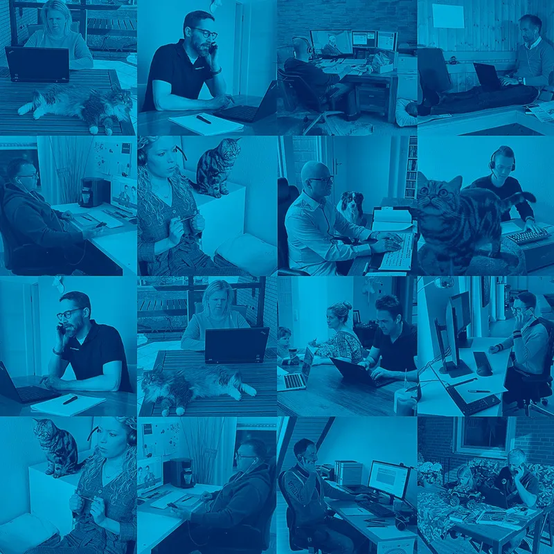 Die blau getönte Collage zeigt eine vielfältige Sammlung von Bildern, auf denen verschiedene Personen in ihren häuslichen Arbeitsumgebungen zu sehen sind. Sie sind mit Computern und Laptops beschäftigt und gehen ihren Tätigkeiten von zuhause aus nach. In einigen Bildern sind Haustiere, insbesondere Katzen, zu erkennen, die gemütlich die Arbeitsplätze ihrer Besitzer teilen und für eine heimelige Atmosphäre sorgen. Die Szenen vermitteln ein Gefühl von Produktivität und Komfort, während die natürliche Beleuchtung durch Fenster eine angenehme Arbeitsumgebung schafft.